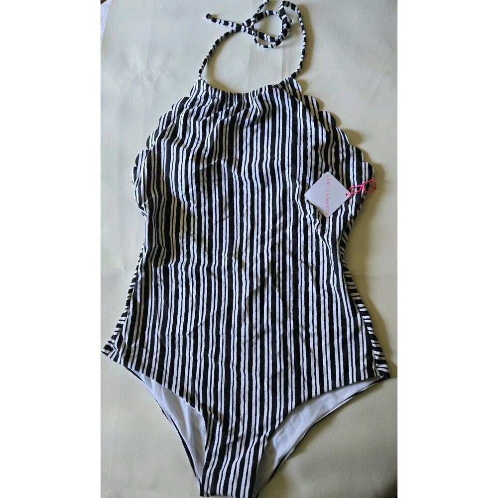 NWT Vanilla Beach XL Slimming Black Striped Scalloped Bathing Swim Suit 1 Piece